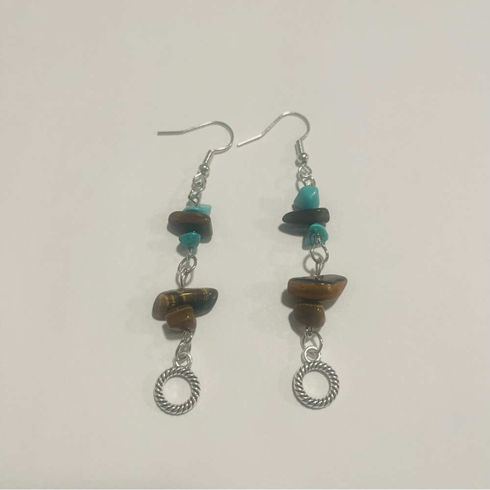 Tiger’s Eye Turquoise Earrings Silver Brown Handmade
